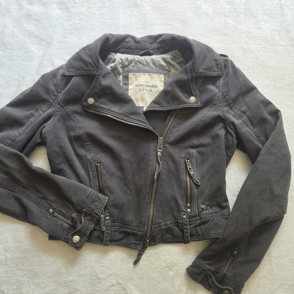 ABERCROMBIE FITCH Y2K WOMENS SHORT FULL ZIPPER GREY BIKER JACKET RAD RETRO SZ Lg